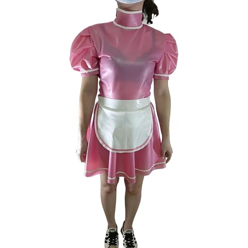 ASNAT Latex Cosplay Maid Dress Bubble Sleeved Short Sleeved with Apron -M-XL-Pink with White