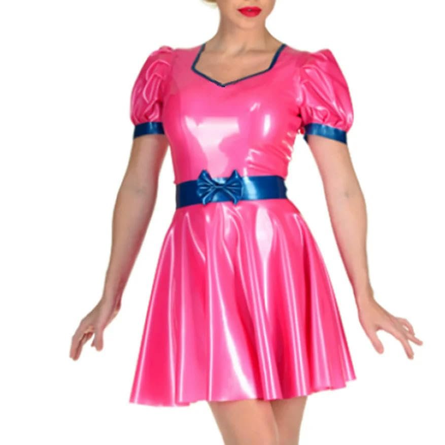 ASNAT Latex Gummi Metallic Pink Women Men Club Dress Lady Wet Look Dresses-Metallic Pink-Women L