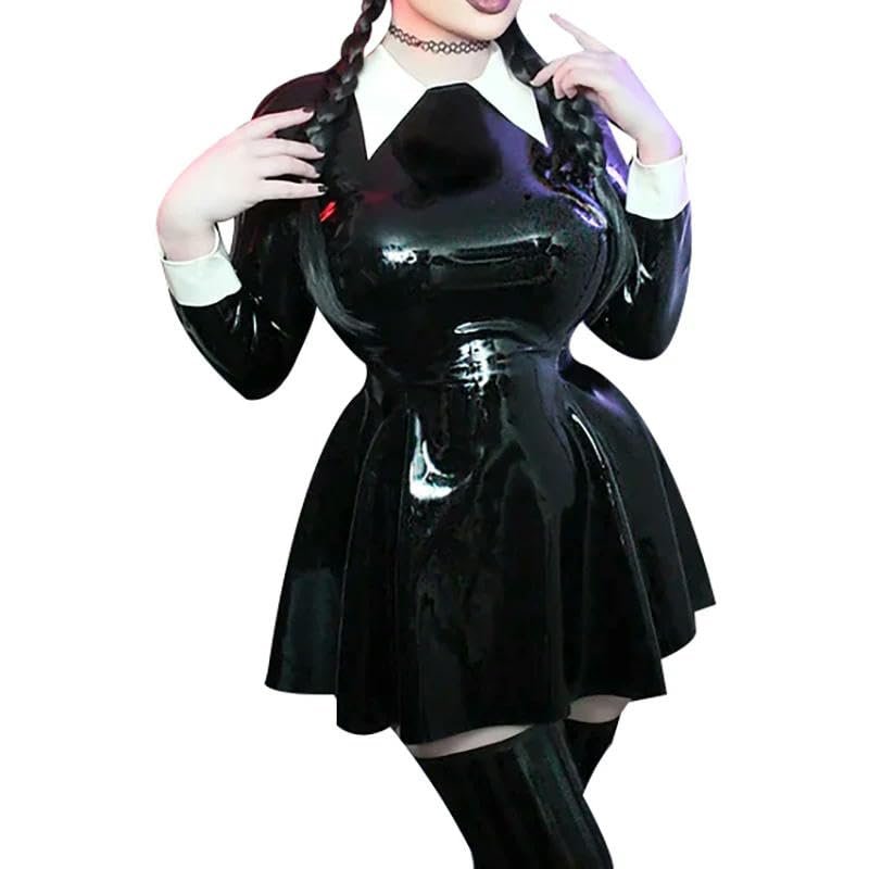 ASNAT Black and White Sexy Latex Dresses Turn Down Collar Zippers Back Rubber Bodycon Playsuit Without Stockings -Yellow with White-Female M