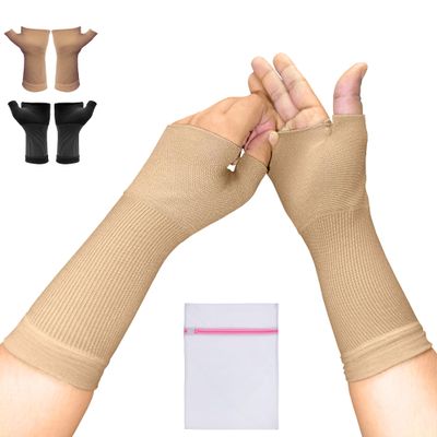 360 RELIEF Wrist & Thumb Support Compression Sleeve for Comfort & Stability | Joint & Hand Support for Men & Women | 1 Pair (Small, Beige) with Mesh Laundry Bag
