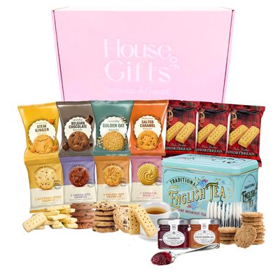 English Breakfast Tea & Biscuits Hamper For Her with Luxury Tea Tin, Biscuits, Shortbread & Jams | Biscuit Gift Set | Luxury Gifts For Women and Dads | Tea & Biscuits Hamper
