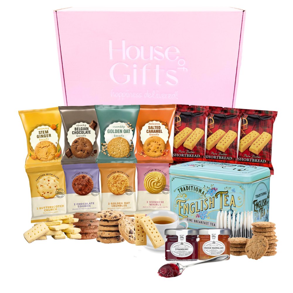 English Breakfast Tea & Biscuits Hamper For Her with Luxury Tea Tin, Biscuits, Shortbread & Jams | Biscuit Gift Set | Luxury Gifts For Women and Dads | Tea & Biscuits Hamper