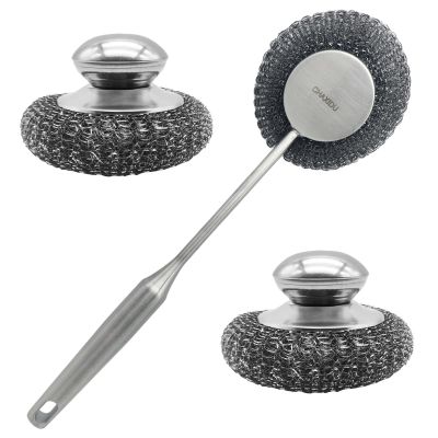 CHAXIDU Stainless Steel Wool Scrubber Set, Long Handle & Handle Brushes,Metal Brush for Pots, Pans, Grills & Cutlery Cleaning (3 Pack)