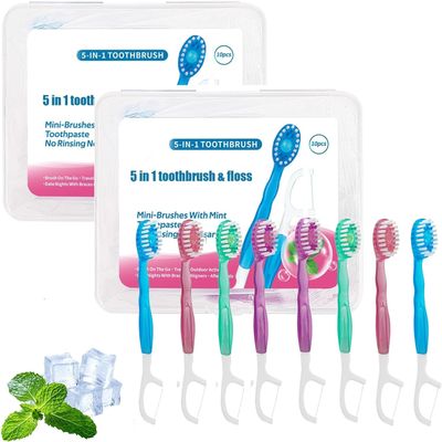 5 in 1 Toothbrush & Floss, Portable Pre-Pasted Mini Travel Toothbrush Set with Floss, Pick & Tongue Scraper, Disposable Mini Toothbrushes for Travel, Camping (2)