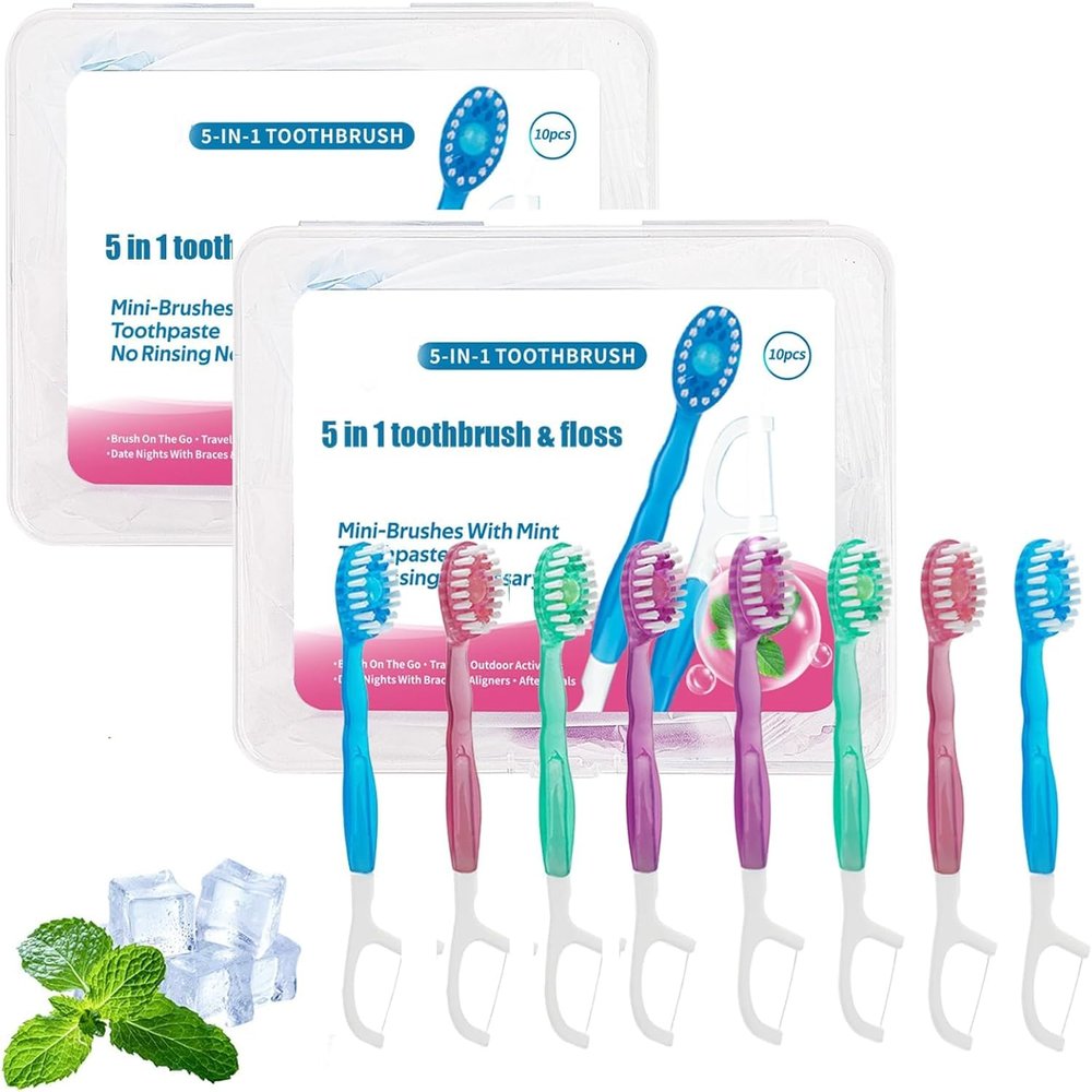 5 in 1 Toothbrush & Floss, Portable Pre-Pasted Mini Travel Toothbrush Set with Floss, Pick & Tongue Scraper, Disposable Mini Toothbrushes for Travel, Camping (2)