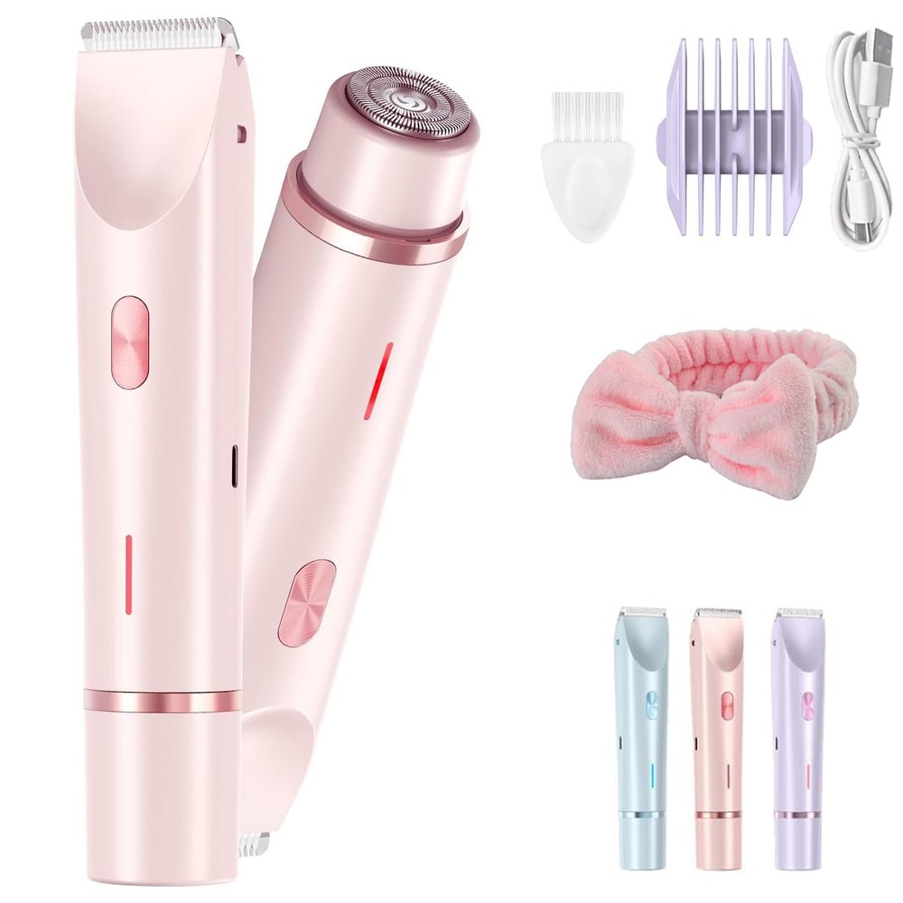 2 in 1 Women Electric Bikini Shaver, Dual Head Electric Razor for Lady, Painless Hair Removal, Private Area Body Shaver, Ipx7 Waterproof, Wet and Dry Use for The Face, Body (Pink)