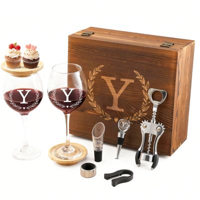 GZLDGIFTS Wine Birthday Gift Set For Women Mom Wife Engraved Monogrammed Wooden Box Mothers Day Gifts Personalized Wedding Anniversary Wine Glasses Couples Wine Stopper Opener Initial Letter (Y Set)