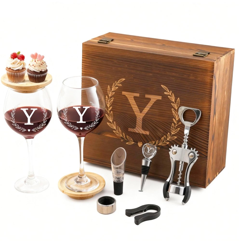 GZLDGIFTS Wine Birthday Gift Set For Women Mom Wife Engraved Monogrammed Wooden Box Mothers Day Gifts Personalized Wedding Anniversary Wine Glasses Couples Wine Stopper Opener Initial Letter (Y Set)
