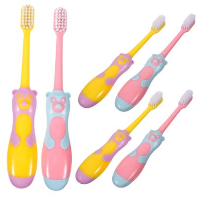 NIYANGLE 6pcs Cartoon Piggy Toothbrush for Children Ultra-fine Bristles with Suction Cup Base Random Color