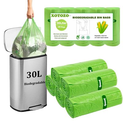 100 Counts 30L Biodegradable Bin Liners, Tie Handle, 8Gallon/30 Litre Compostable Food Waste Garbage Bags Trash Caddy Liners, Recycling Degradable Rubbish Bag for Kitchen Bathroom Garden Green 60x74cm