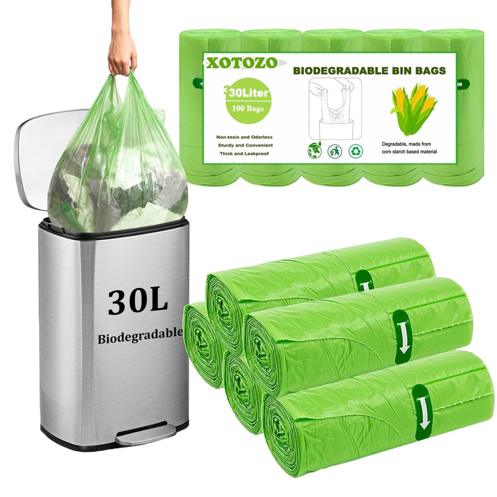 100 Counts 30L Biodegradable Bin Liners, Tie Handle, 8Gallon/30 Litre Compostable Food Waste Garbage Bags Trash Caddy Liners, Recycling Degradable Rubbish Bag for Kitchen Bathroom Garden Green 60x74cm