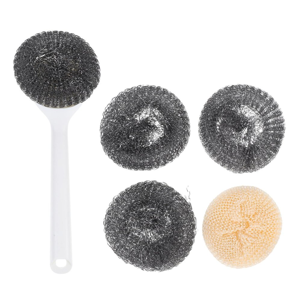Alipis Kitchen Cleaning Brush Multi-functional Dish and Pan Scrubber Long Handle Cleaning Pot Brush with Replaceable Ball, Pp and Steel Wire, for Pots and Pans