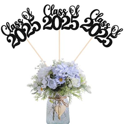 12 Pack Class of 2025 Graduation Centerpiece Sticks Glitter Class of 2025 Cake Toppers Diploma Grad Cap Table Centerpiece Sticks for School Graduation Theme Party Black