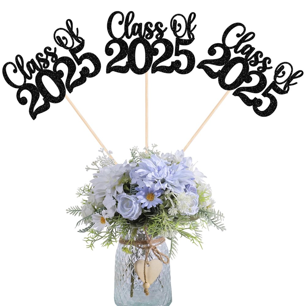 12 Pack Class of 2025 Graduation Centerpiece Sticks Glitter Class of 2025 Cake Toppers Diploma Grad Cap Table Centerpiece Sticks for School Graduation Theme Party Black