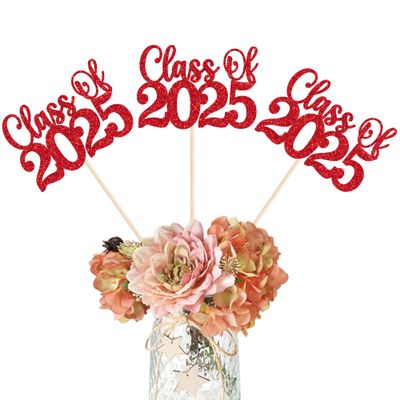 12 Pack Class of 2025 Graduation Centerpiece Sticks Glitter Class of 2025 Cake Toppers Diploma Grad Cap Table Centerpiece Sticks for School Graduation Theme Party Red