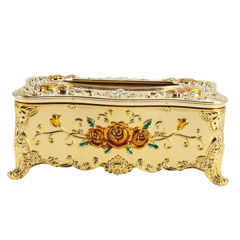 ABOOFAN Gold Tissue Box Holder European Style Napkin Container with Large Opening Design and Rose Patterned Plastic Stylish Napkin Case for Bathroom and Restaurant Use