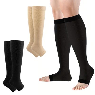 2 Pairs Compression Stockings for Women Men, 20-30 mmHg Open Toe Compression Socks Knee-high Toeless Support Stockings for Varicose Veins, Pressure, Flight, Travel, Sports, Running S-M