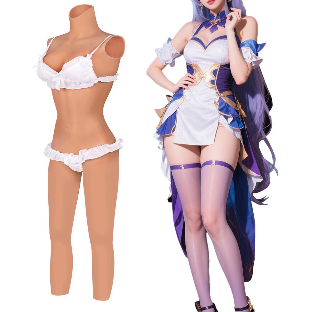 YEEFAIRY Silicone Crossdresser Breastplate Fake Boobs 9-Point High Neck Bodysuit Female Appearance for Transgender Artificial Tube & Hole Longwear Prosthesis Suit (D Cup, Bronze, Gel Filler)