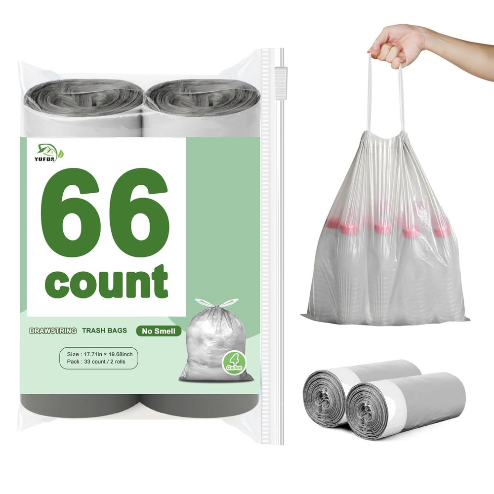 66 Count-Small Trash Bags, 4 Gallon Trash Bag Drawstring,Gray White Bathroom Garbage BagsTear-Free Garbage Bags Plastic Wastebasket Liners for Toilet Home Office and Bedroom