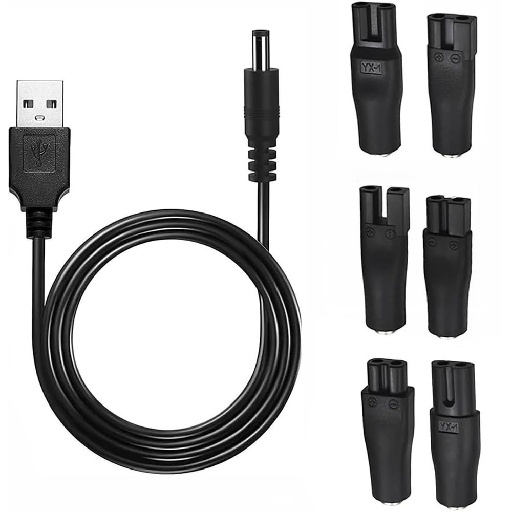 7 Pcs Universal Electric Shaver Charger Kit, Black Razor Charger Cord, USB Shaver Charger Cable for Men's Razors & Trimmers, Bathroom & Travel Essential