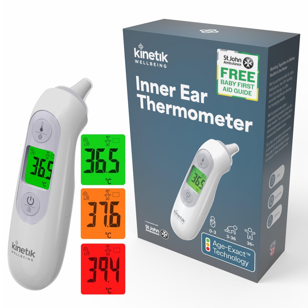 Kinetik Wellbeing Inner Ear Thermometer Colour Coded Body Temperature Thermometer for Adults, Kids, Baby - Age-Exact Fever Alert, 1 Second Infa-Red Reading - Digital Medical Device Used by the NHS