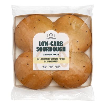 ROBERT ANDREW Low-Carb Sourdough Brown Rolls, 13.3g Carbs 12.3g Protein 156 Kcal, High Protein & Fibre, Freshly Baked Bread, Freezer Friendly, 4x60g