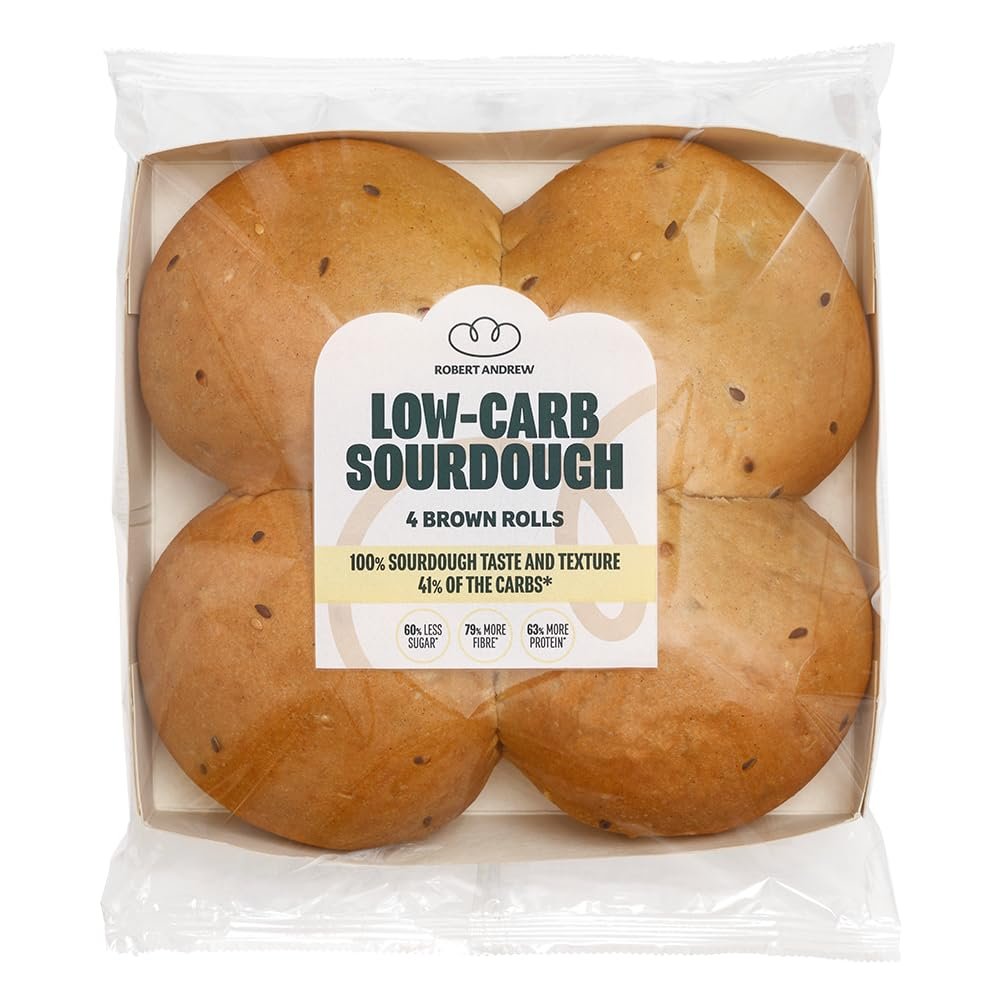 ROBERT ANDREW Low-Carb Sourdough Brown Rolls, 13.3g Carbs 12.3g Protein 156 Kcal, High Protein & Fibre, Freshly Baked Bread, Freezer Friendly, 4x60g