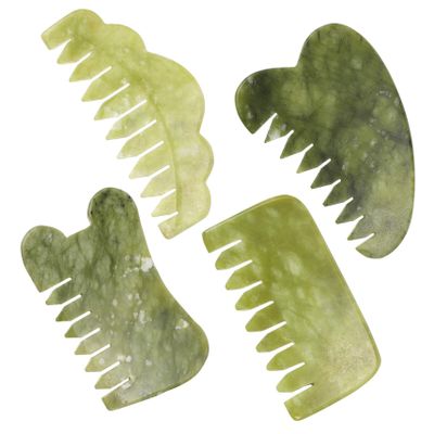 CALLARON 4 Pieces Jade Facial and Body Gua Sha Massage Combs Set with Smooth Surface to Tighten Skin, Portable Head Care Scalp Massager for Back and Feet Relaxation Therapy