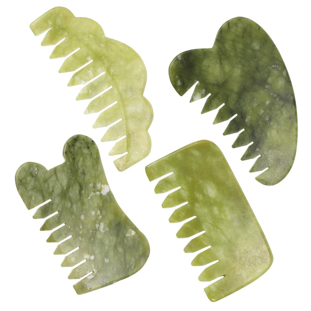 CALLARON 4 Pieces Jade Facial and Body Gua Sha Massage Combs Set with Smooth Surface to Tighten Skin, Portable Head Care Scalp Massager for Back and Feet Relaxation Therapy