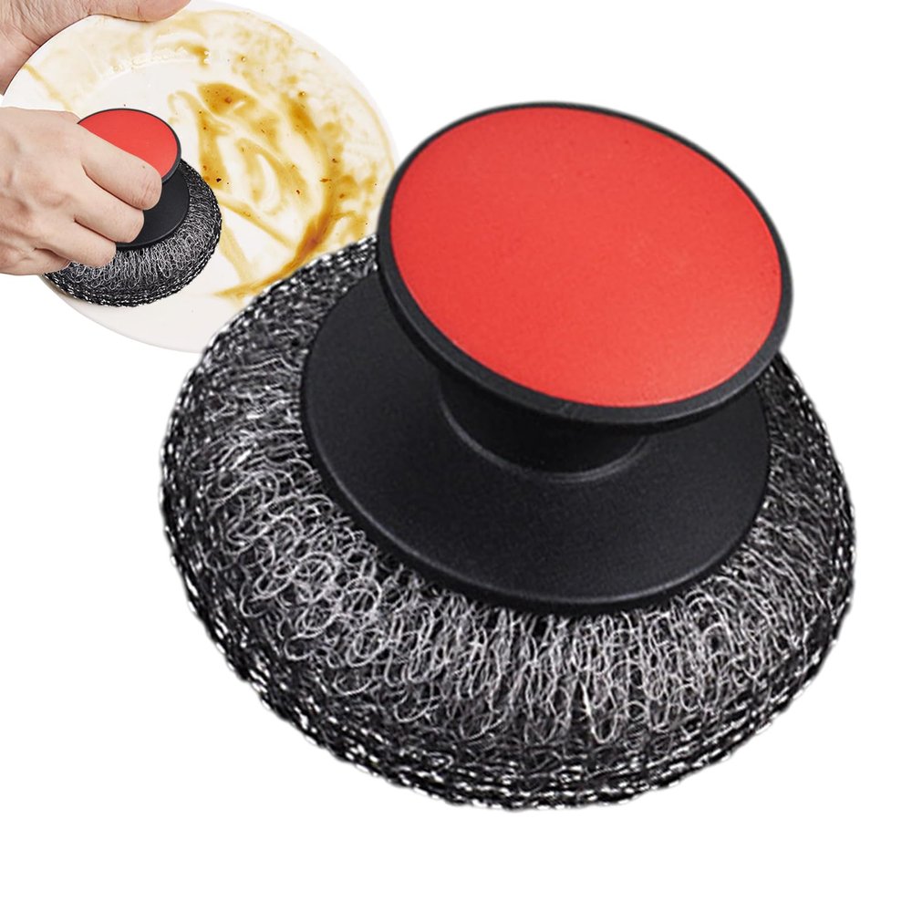 Pot Brush - Dish Scrub Brush | Heavy Duty Kitchen Scrubber | Stainless Steel Cooking Brush | Non Slip Cleaning Scrubber with Handle Palm Scooping Pad for Stove, Grill and Griddle