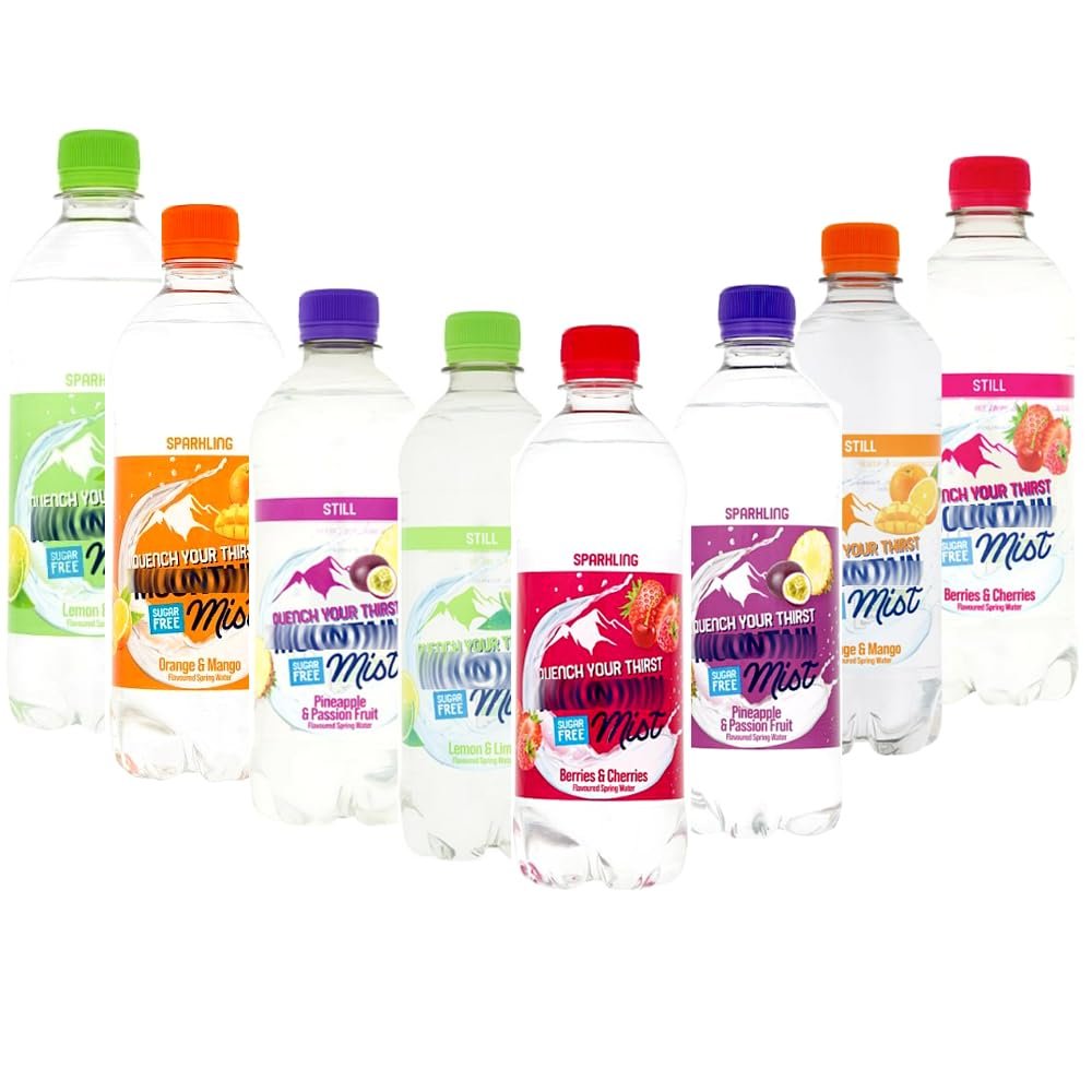 Mounttain Miist Lemon & Lime,Orange & Mango,Berries & Cherries,Pineapple & Passion Fruit Flavoured Spring Water Bottles 500ml - Sugar Free Mixed Flavours Watter Bottle (24 x Water Bottles)