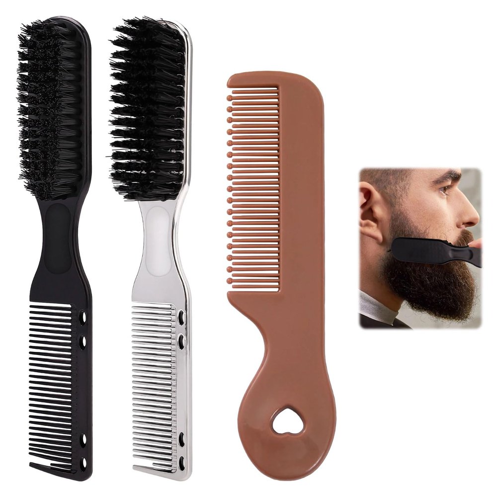 3PCS Professional Barber Kit, Comb, Clipper Cleaning Brush, Beard Comb Set, Suitable for Salon & Home Hair Styling Tools (Black,Silver,Brown)