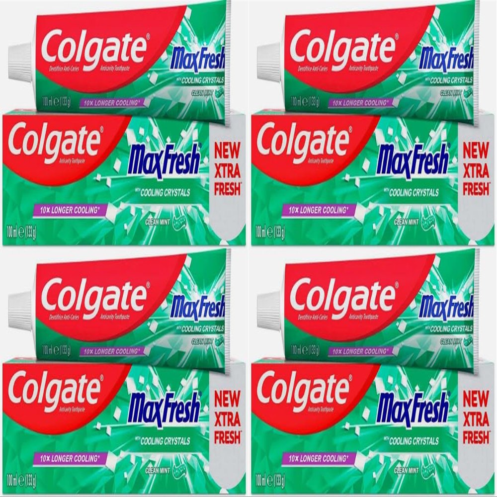 Colgate Max Fresh Clean Mint Toothpaste 100ml x 4 Pack Burst of Long-Lasting Freshness with Cooling Crystals Fights Cavities, Strengthens Enamel & Keeps Breath Fresh All Day