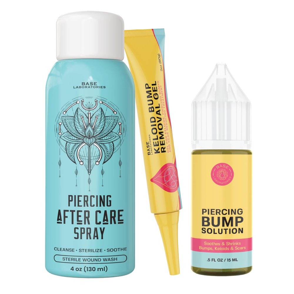 "base labs piercing aftercare kit - spray, bump solution, scar gel"
