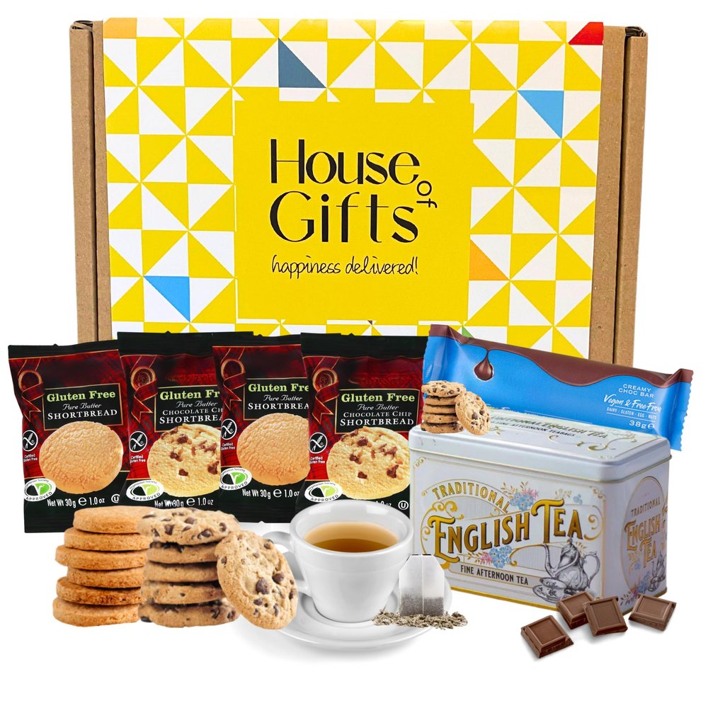 Gluten Free Biscuits Hamper Gift Set with Chocolate, 8 Shortbread Biscuits Gift Hamper & Afternoon Tea Gift Set Tin with 40 Teabags | For Her or Him | Coeliac Friendly