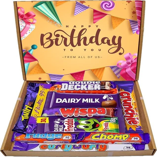 GRO VITS - Happy Birthday Chocolate Gift Box Hamper - 10 Mini Chocolate bars, Gift Letter Box Friendly, Treats Box, Perfect for Surprises Birthdays, Gifting And Treats