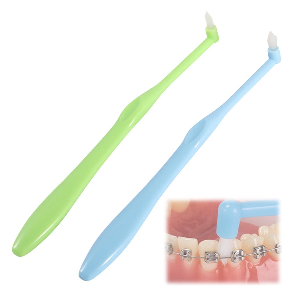 2 Pack Orthodontic Toothbrushes, Interspace Toothbrush Braces Toothbrush Wisdom Interdental Brushes for Detail Cleaning Braces Implants, Soft Grip Handle(Green, Blue)