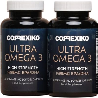 CORREXIKO Ultra Omega 3 Capsules - High Strength 1000mg EPA & 498mg DHA - Aids Skin Hydration to Reduce Fine Lines & Dry, Dehydrated Skin - Supports Joint & Brain Health - 120 Tablets, 2 Month Supply