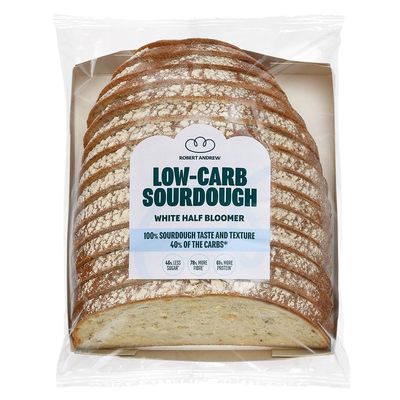ROBERT ANDREW Low-Carb Sourdough White Bread, 5.7g Carbs, 7g Protein 82 Kcal, Sliced Half Bloomer, Freshly Baked Bread, Freezer Friendly, 350g