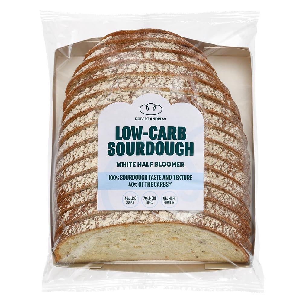 ROBERT ANDREW Low-Carb Sourdough White Bread, 5.7g Carbs, 7g Protein 82 Kcal, Sliced Half Bloomer, Freshly Baked Bread, Freezer Friendly, 350g