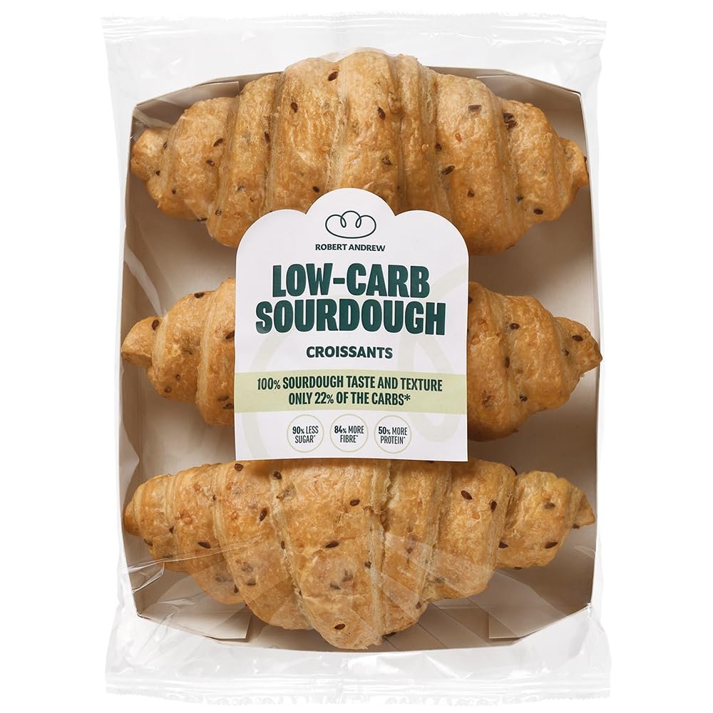 ROBERT ANDREW Low Carb Sourdough Croissants 8.2g Carbs, 15.1g Protein, Low Sugar Keto Diet, High Protein Low Calorie Ketogenic Snack, Diabetic Food | 3x90g