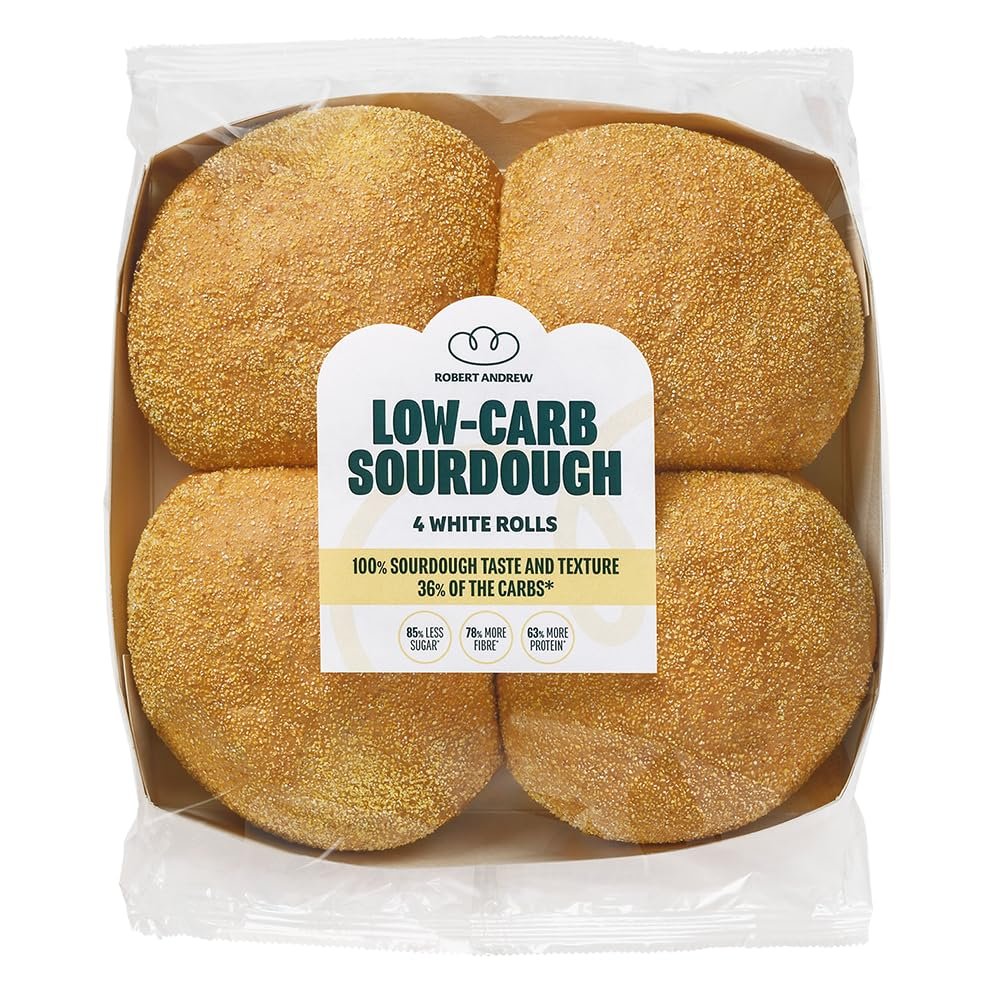 ROBERT ANDREW Low Carb Sourdough White Rolls 11.5g Carbs, 16.5g Protein, High Protein Low Calorie Rolls, Low Sugar Ketogenic Diet, Diabetic Food, 169 Calories | 4x60g