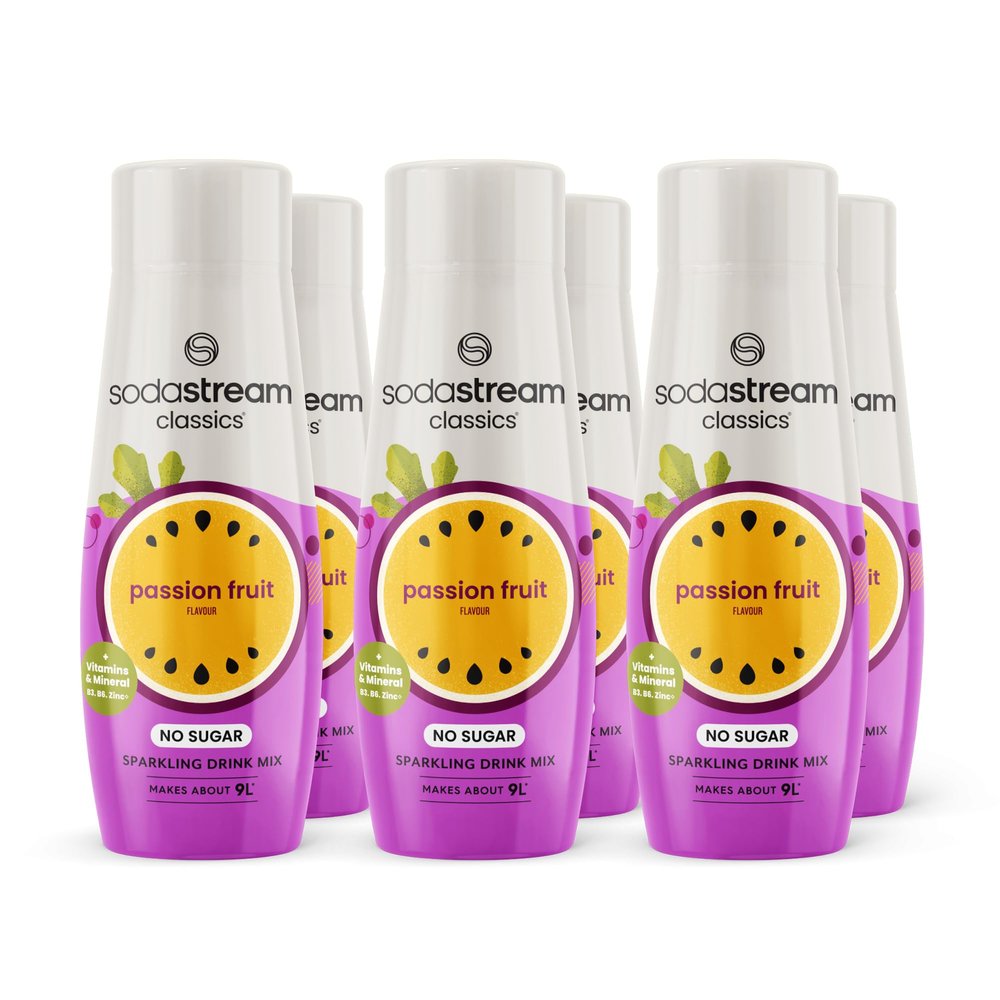 SodaStream Zeros Drink Mix, Classic Fruits Range, Sugar Free Soda Syrup for Sparkling Flavoured Water, Multipack of 6 x 440ml Bottles creates 54L of Drink, Passionfruit Flavour with added vitamins