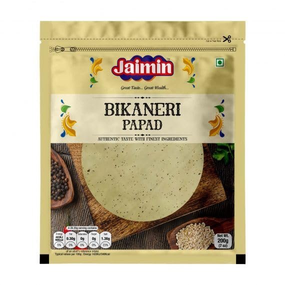 Jaimin Assorted Papad Variety Pack, 7 Flavours - Bikaneri, Black Pepper, Jeera, Green Chilli, Rajwadi, Punjabi, Garlic, 200g Each | Crispy & Flavorful Snacks (Pack of 1, Bikaneri)