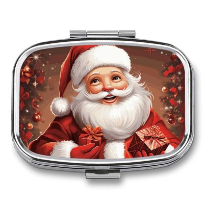 Travel Pill Organizer Portable Pill Box with 2 Compartment Santa Claus Xmas Gifts Pill Case with Mirror Small Pill Holder Daily Pill Container Decorative Vitamin Organizer