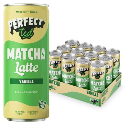PerfectTed Vanilla Matcha Latte RTD, Ceremonial Grade Matcha, 12 x 250ml Cans, Ready-to-Drink with Gluten-Free Oats | Smooth & Creamy | Dairy-Free | Vegan (12 Pack, Vanilla)