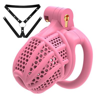 Male Pink Breathable Honeycomb Chastity Cage Lower Limb Protector with Black Adjustable Waist Belt -A74UK (Flat Ring)