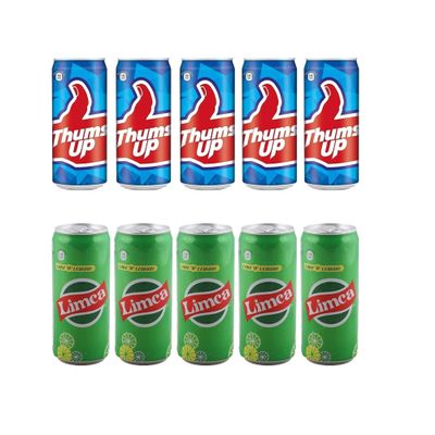 Limca & Thums Up Combo Pack 10 Cans Total (5 Limca 300ml + 5 Thums Up 300ml) Sparkling Lemon-Lime & Bold Cola Flavours Refreshing Soft Drink Set