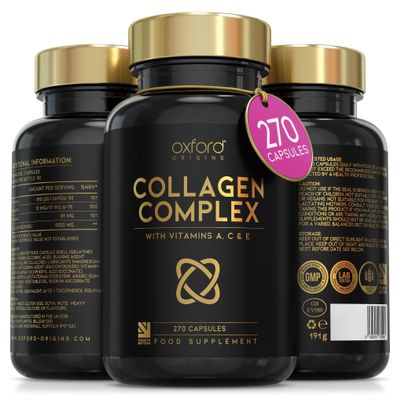Award Winning Collagen Complex | Made in the UK | Hydrolysed Collagen Supplements for Women & Men Enhanced with High Absorption Hair Skin and Nails Vitamins A, C & E | 270 Capsules