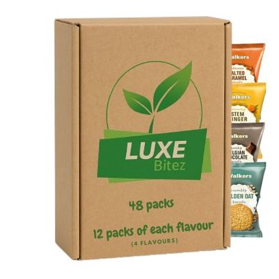 Assorted Twin Pack Biscuits 4 Flavours (48 Packs) | Belgian Chocolate, Golden Oat, Stem Ginger, Salted Caramel | Compatible For Walker Biscuits By Luxe Bitez
